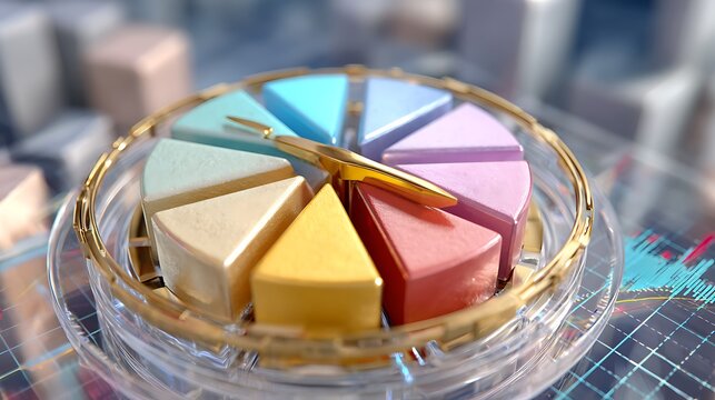 Colorful business pie chart slices in golden bowl on grid table for financial growth and investment strategy - Powered by Adobe