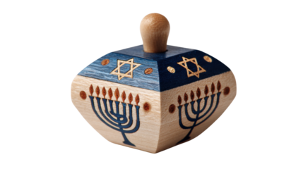Wooden dreidel with menorah and Star of David symbols isolated on white background Jewish Hanukkah holiday traditional spinning top toy religion culture