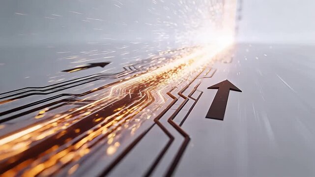 Circuit board pattern with glowing lines and upward arrow on gray background