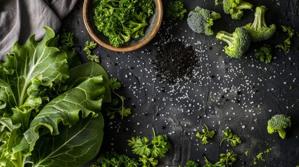 Fresh vegetables laid out on a dark surface create an atmosphere of healthy eating — an excellent backdrop for food blogs and advertisements for organic products.