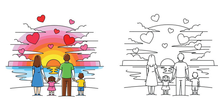 Happy family holding hands on beach at sunset with hearts, vector illustration with coloring page outline and colored version.