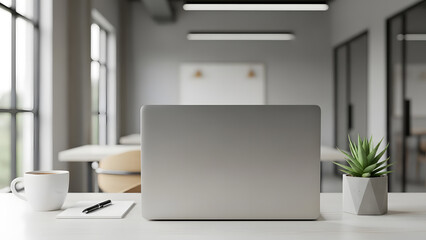 Modern office interior with laptop and green plant on desk