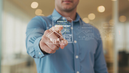 Man interacting with a holographic real estate investment interface, showcasing digital property management and financial technology.