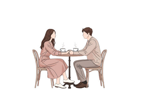 Romantic couple sitting at cafe table holding hands. Young man and woman drinking coffee on a date. Love, relationship, and Valentine's Day concept. Isolated flat vector illustration.