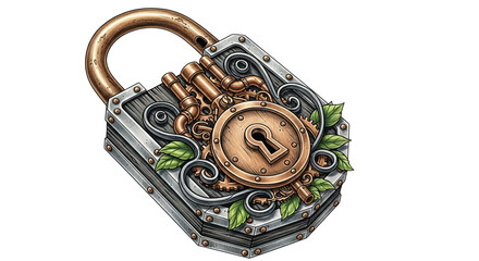 Ornate Steampunk Padlock With Gears And Botanical Elements