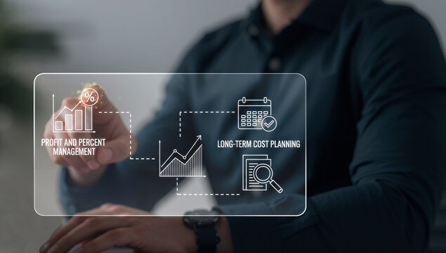 A person interacting with a futuristic holographic interface displaying financial management concepts like profit, cost planning, and business growth analytics. - Powered by Adobe