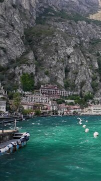 Panoramic view of Lake Garda and the town of Limone sul Garda, Italy. 