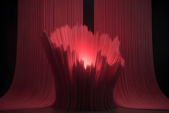A stunning red sculpture made of hundreds of thin, pleated sheets of paper, arranged in a flower-like shape and illuminated from within, creating a dramatic and eye-catching display.