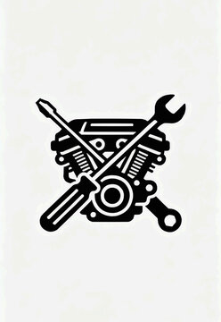 Dynamic black icon for mechanical repair and automotive service. Features an engine block with crossed wrench and screwdriver, symbolizing maintenance expertise
