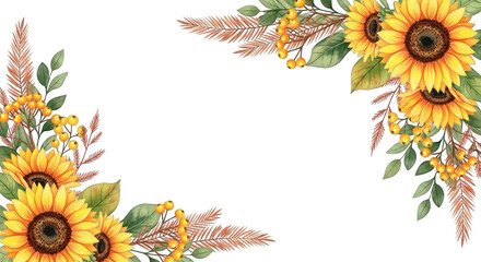 Watercolor Sunflowers And Berries Autumn Corner Frame