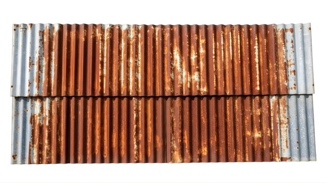 A close-up view of rusty corrugated metal sheets on a transparent background