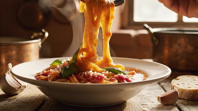 Fresh steaming pasta dish in a rustic kitchen with basil garnish and garlic