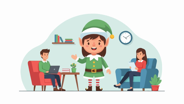 Cheerful elf greets people working and relaxing in cozy indoor setting