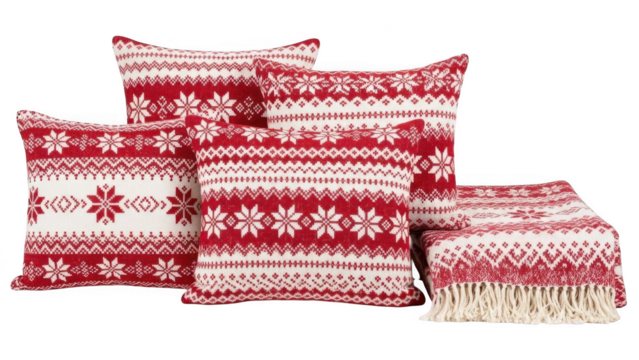 Vibrant red and white patterned pillows and blanket - Powered by Adobe