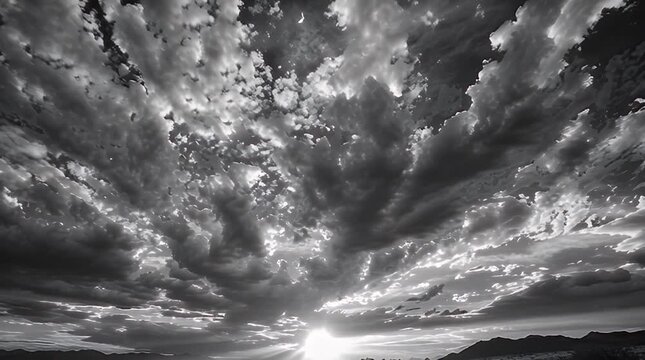 Dramatic grayscale landscape with expressive clouds and a distant horizon, punctuated by sunbeams