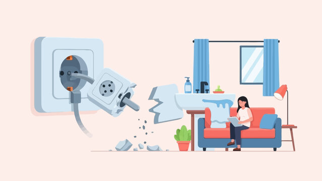 Broken electrical socket in a room with a woman on a couch