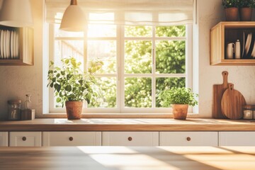 Fototapeta premium Sunlit kitchen counter with potted plants and wooden decor