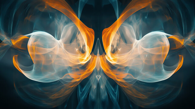 Symmetrical abstract fractal art with swirling orange and blue translucent smoke, digital design