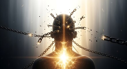Human Silhouette Breaking Metal Chains Representing Mental Freedom and Enlightenment