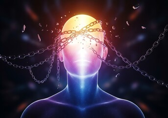 Human Silhouette Breaking Metal Chains Representing Mental Freedom and Enlightenment