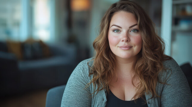 Confident woman plus size casual clothing home interior natural light soft focus blue eyes brown hair warm smile relaxed pose happy female portrait home natural light, confident plus size woman