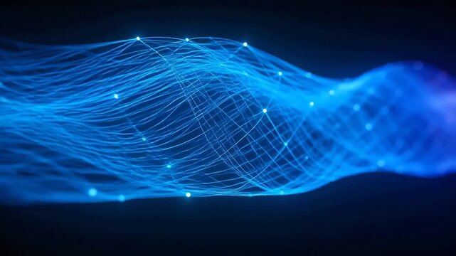 Abstract curved digital grid with glowing nodes on dark background