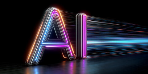 Stylish 3D text "AI" made of glowing orange and blue fibers. The composition imitates high-speed data transmission over optical channels, emphasizing the modern aesthetics of digital technologies.