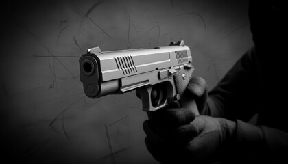 Fototapeta premium Gloved hand holding a silver pistol, its barrel pointing directly towards the viewer, representing concepts of crime, danger, violence, and threat against a textured dark background