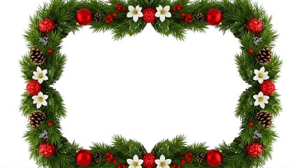 A festive Christmas wreath with red ornaments and pinecones on transparent background
