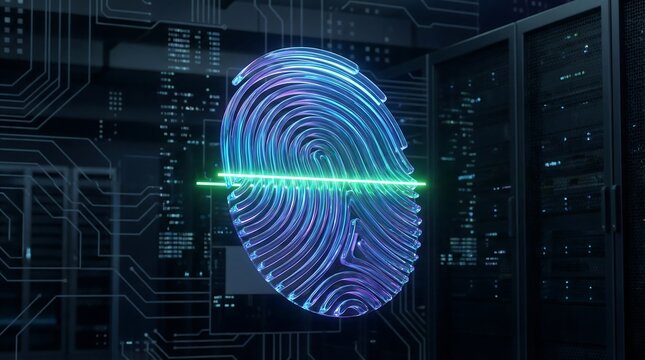 Fingerprint scan with glowing green line on a futuristic computer server background