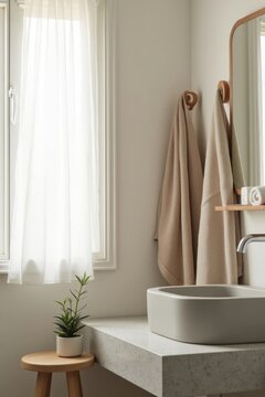 Escena de ba&ntilde;o neutra con lavabo de piedra en un tono gris suave y toallas de lino lisas en un c&aacute;lido color beige