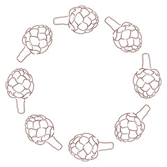 Artichoke wreath in line art style. Design for grocery store package.