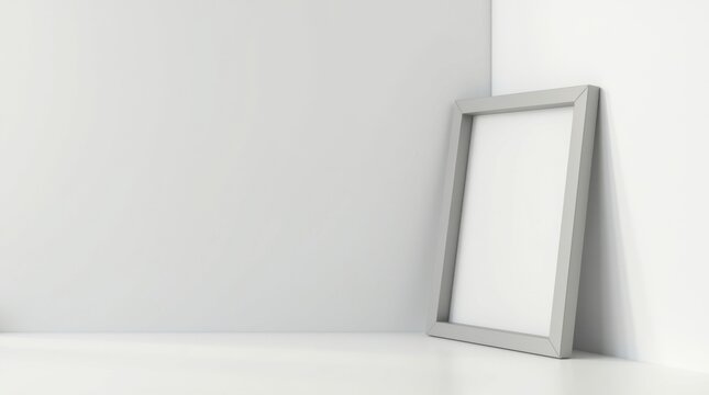 Elegante marco vac&iacute;o en blanco apoyado sobre una pared blanca lisa