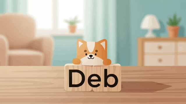 Adorable cartoon corgi peeking over wooden blocks spelling "Deb