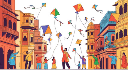 Vibrant illustration of people flying kites in a street scene during the Makar Sankranti festival in India, with colorful buildings and a lively atmosphere.
