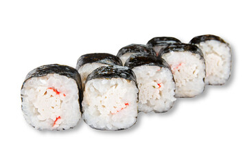 Japanese kani maki sushi rolls with crab filling wrapped in nori isolated on white background for restaurant menus delivery services and asian food advertising © Александр Гаврилычев