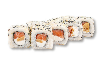 Classic Philadelphia style sushi roll with fresh salmon and cream cheese, topped with sesame seeds, isolated on white background for menu and delivery use