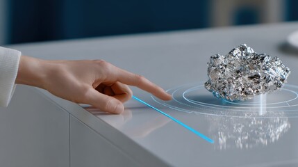 Hand interacting digital hologram with raw metal material