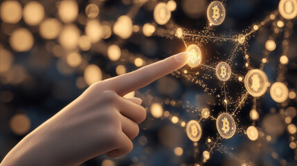 Hand touching glowing bitcoin node in a blockchain network