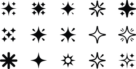 A distinct array of fifteen black sparkle icons displaying diverse light bursts and glimmers on white
