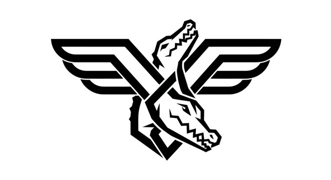 Abstract winged alligator heads emblem