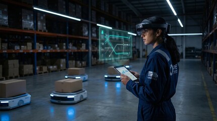 Warehouse worker using tablet to manage autonomous robots in facility  