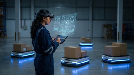 Warehouse worker using tablet and smart glasses with robotic carts