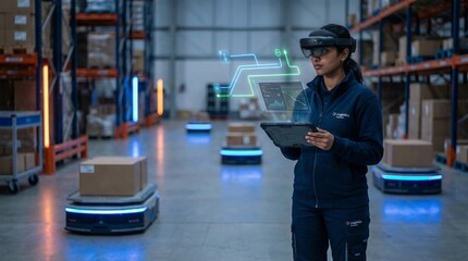 Young woman using tablet and smart glasses in automated warehouse