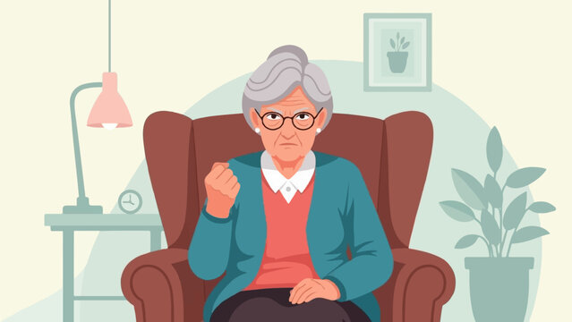 An angry grandmother sitting in a chair, shaking her fist