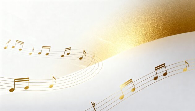 Golden musical notes flowing on an elegant white background. Abstract melody score with glitter texture. Luxury celebration concept