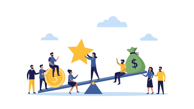 Tiny people balancing giant coin star and money bag on see-saw for success concept