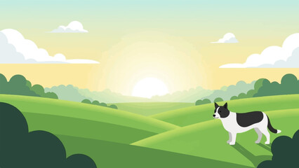 Fototapeta premium Black and white dog stands on a green hill at sunrise