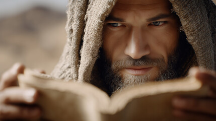 Hooded Biblical Man Holding Opened Old Book