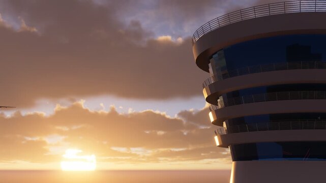Airport control tower and departing passenger plane. Airline transportation idea concept. Travel by plane, vacation. Aviation. Aircraft flying in blue sky. Airport traffic control tower